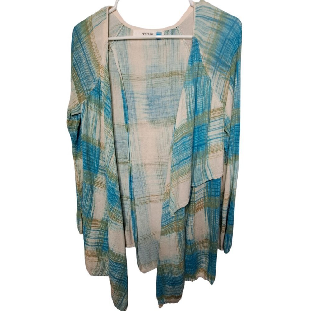 Anthropologie Sparrow Revolution Blue Green Open Front Cascade Cardigan Medium